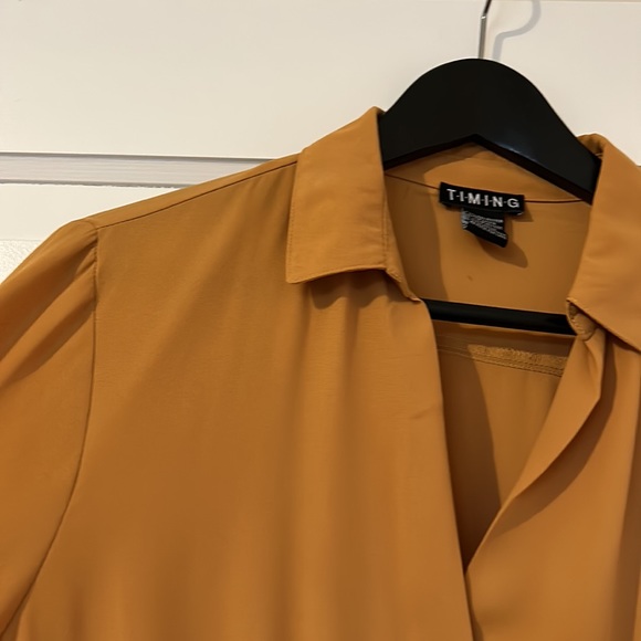 Ochre Yellow Mini Dress with v-neck, collar, elasticized waist with tie - Picture 2 of 5